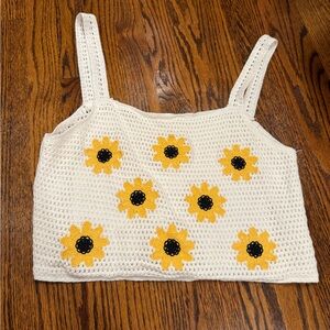 Altar'd State White Crochet Tank Top with Sunflower Design